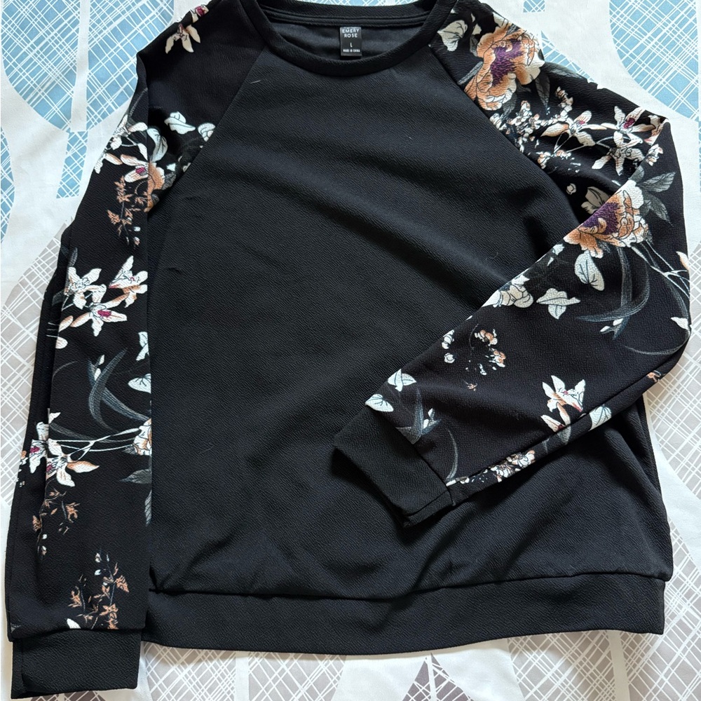 Floral Sleeve Black Long Sleeve Shirt